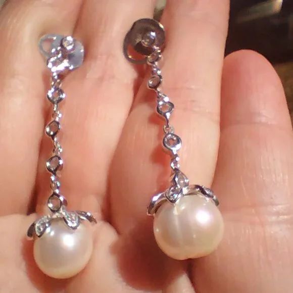 HONORA Freshwater White Pearl Earrings With Cubic Zirconia 925 Sterling Silver - Picture 6 of 8